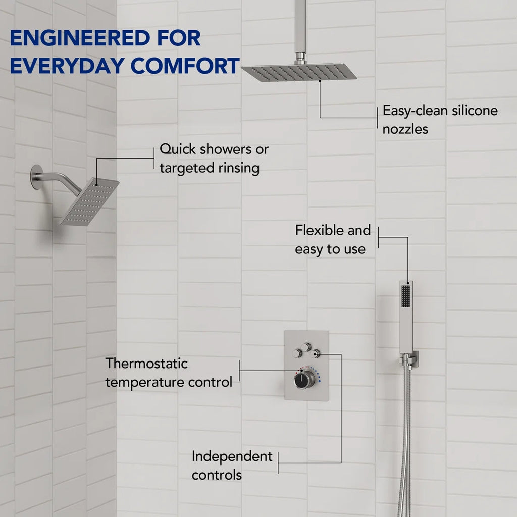 Ceiling Mount 12" High-Pressure Rainfall Shower Faucet, Dual Rainfall Shower Head System with Thermostatic Valve LP098-LY - Brushed Nickel