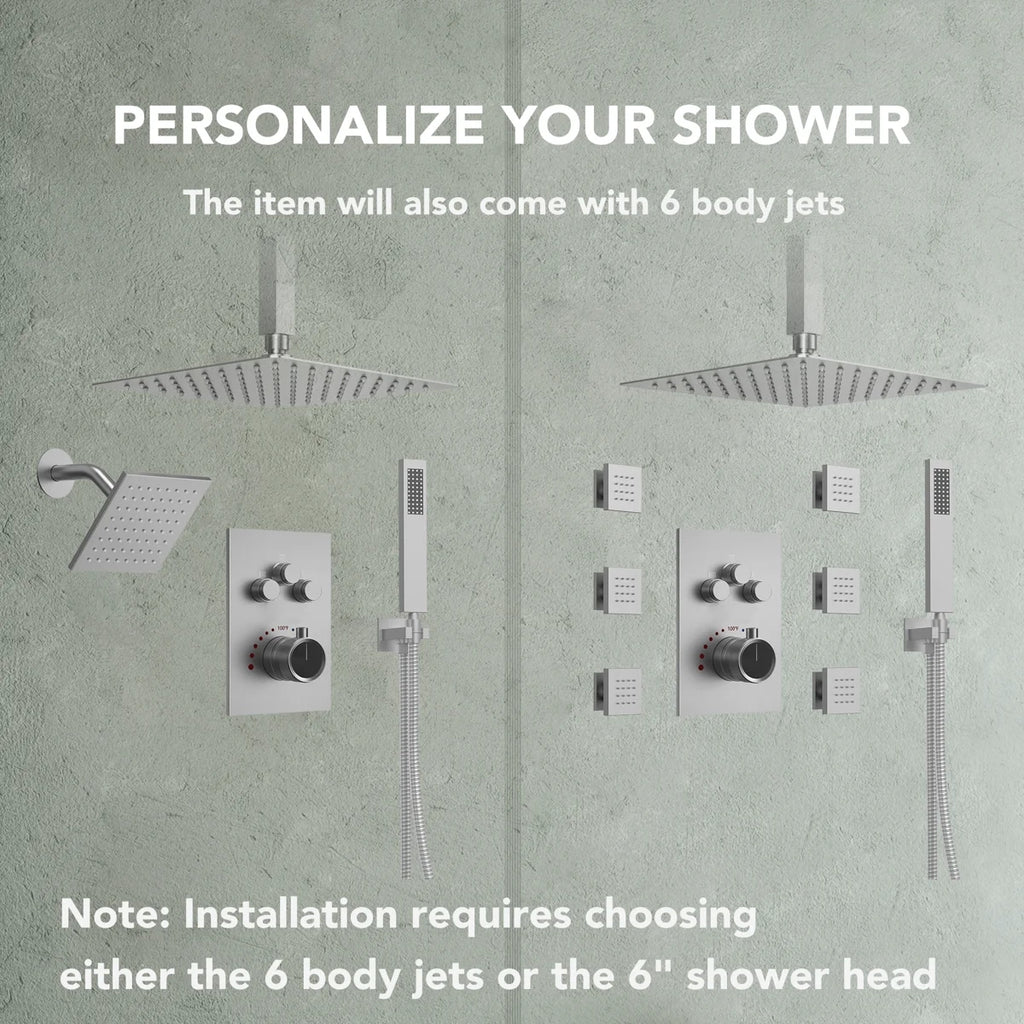 Ceiling Mount 12" High-Pressure Rainfall Shower Faucet, Dual Rainfall Shower Head System with Thermostatic Valve LP098-LY - Brushed Nickel
