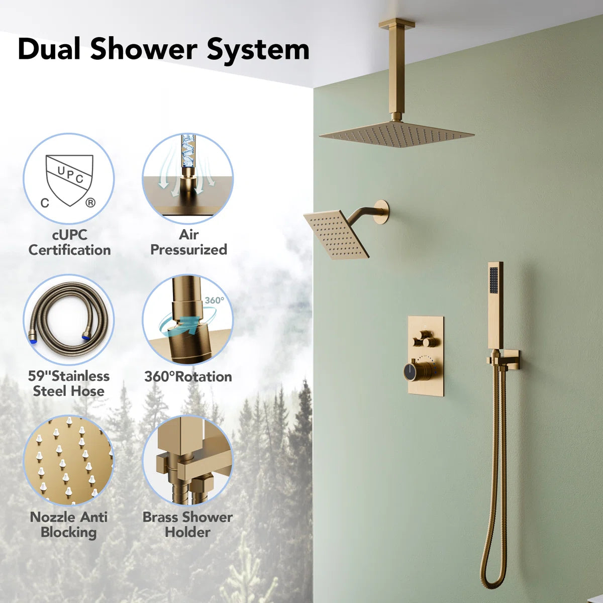Ceiling Mount 12" High-Pressure Rainfall Shower Faucet, Dual Rainfall Shower Head System with Thermostatic Valve LP0901-LY - Rose Gold