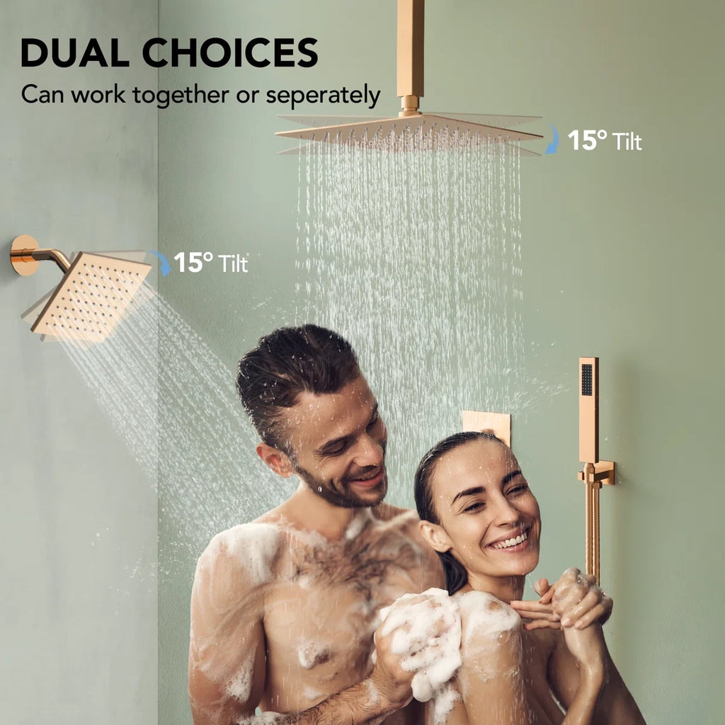 Ceiling Mount 12" High-Pressure Rainfall Shower Faucet, Dual Rainfall Shower Head System with Thermostatic Valve LP0901-LY - Rose Gold