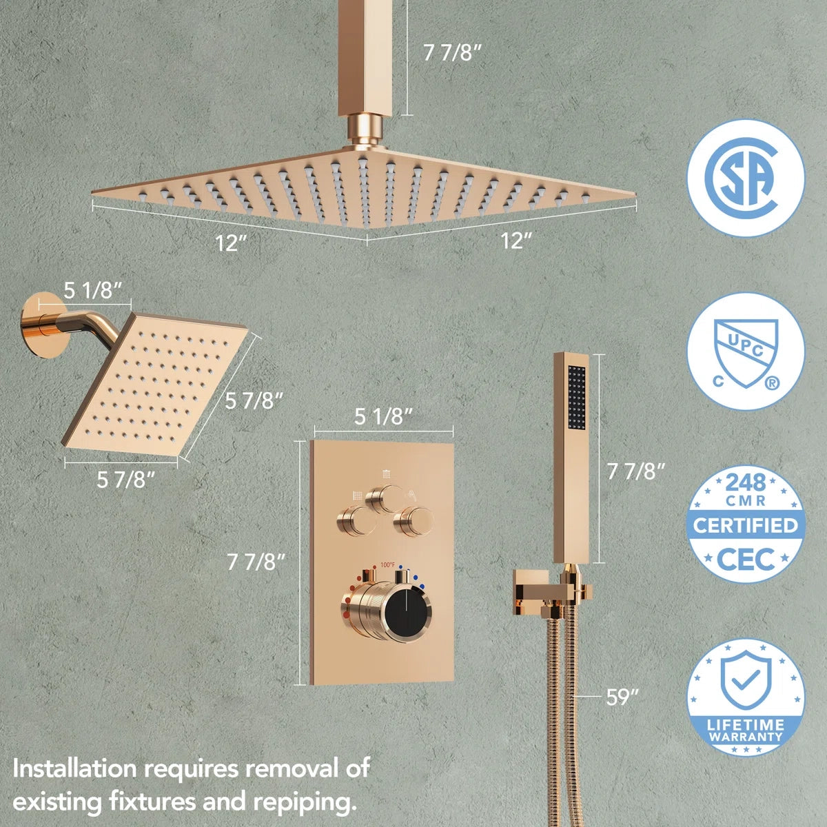 Ceiling Mount 12" High-Pressure Rainfall Shower Faucet, Dual Rainfall Shower Head System with Thermostatic Valve LP0901-LY - Rose Gold