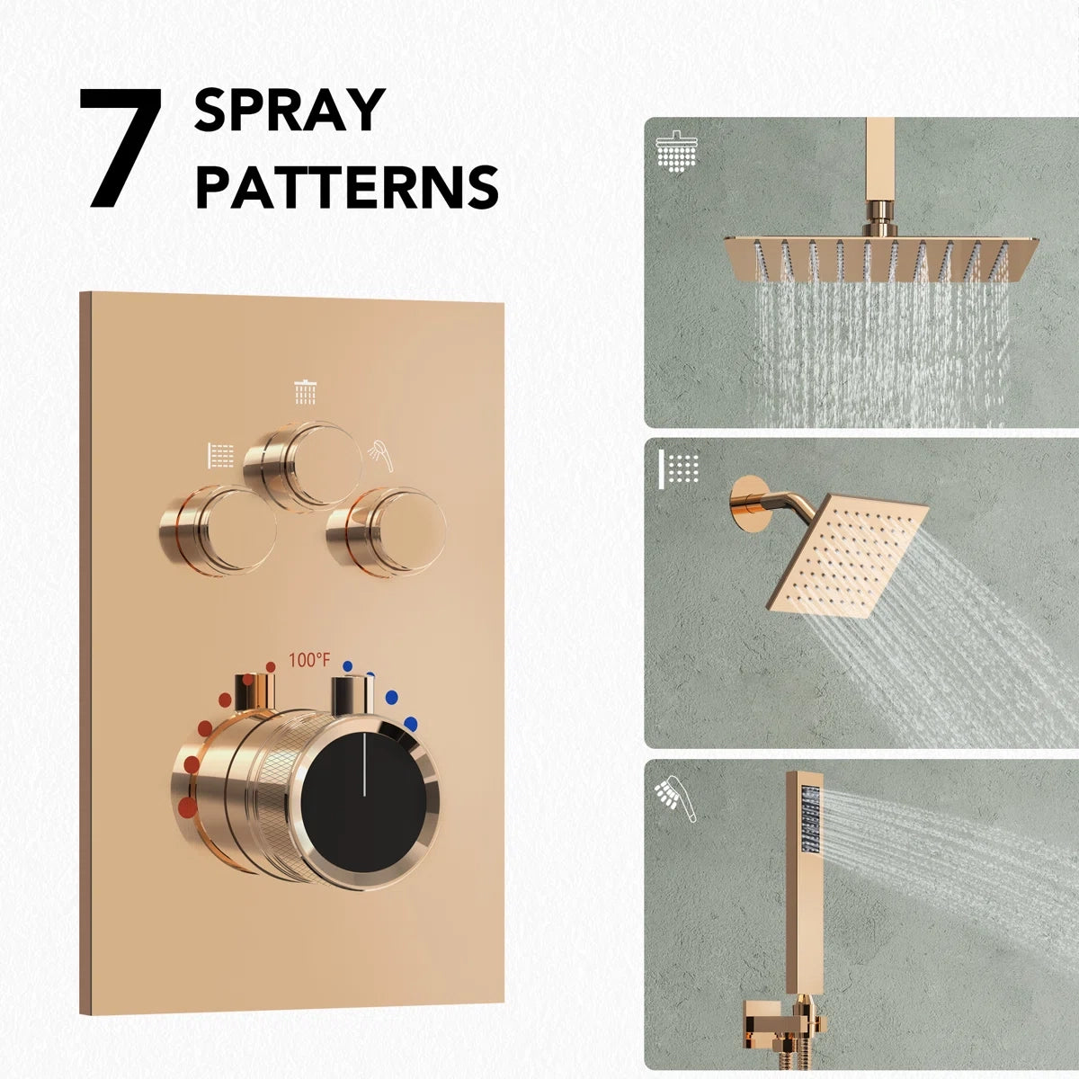 Ceiling Mount 12" High-Pressure Rainfall Shower Faucet, Dual Rainfall Shower Head System with Thermostatic Valve LP0901-LY - Rose Gold