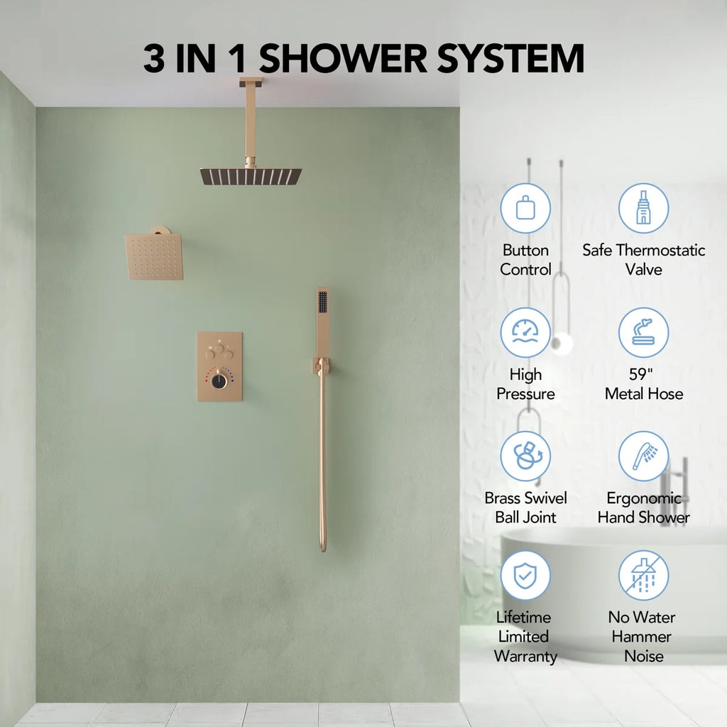 Ceiling Mount 12" High-Pressure Rainfall Shower Faucet, Dual Rainfall Shower Head System with Thermostatic Valve LP0901-LY - Rose Gold