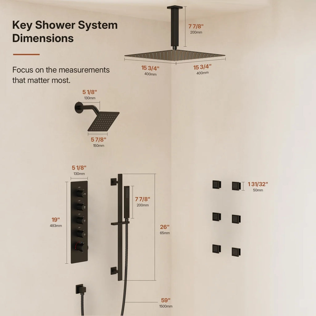 Ceiling Mount 16" High-Pressure Rainfall Shower Faucet, Dual Rainfall Shower Head System with Thermostatic Valve LP0213LY - Matte Black
