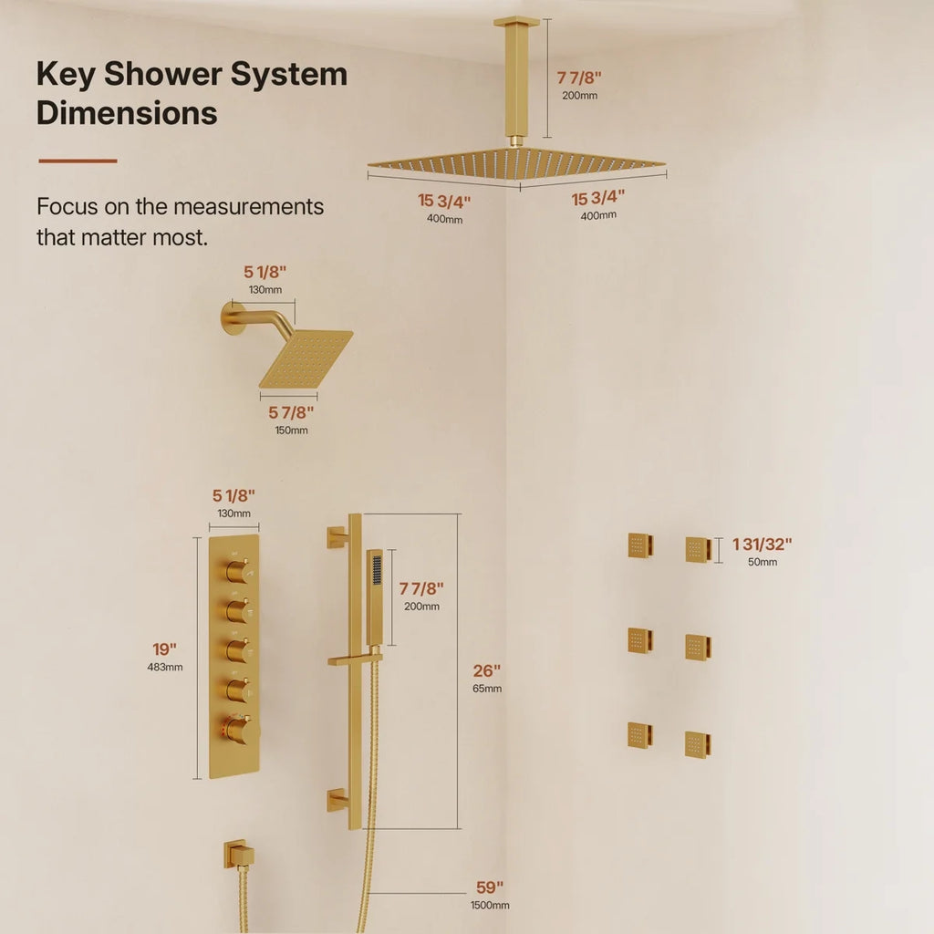 Ceiling Mount 16" High-Pressure Rainfall Shower Faucet, Dual Rainfall Shower Head System with Thermostatic Valve LP6657-LY - Brushed Gold