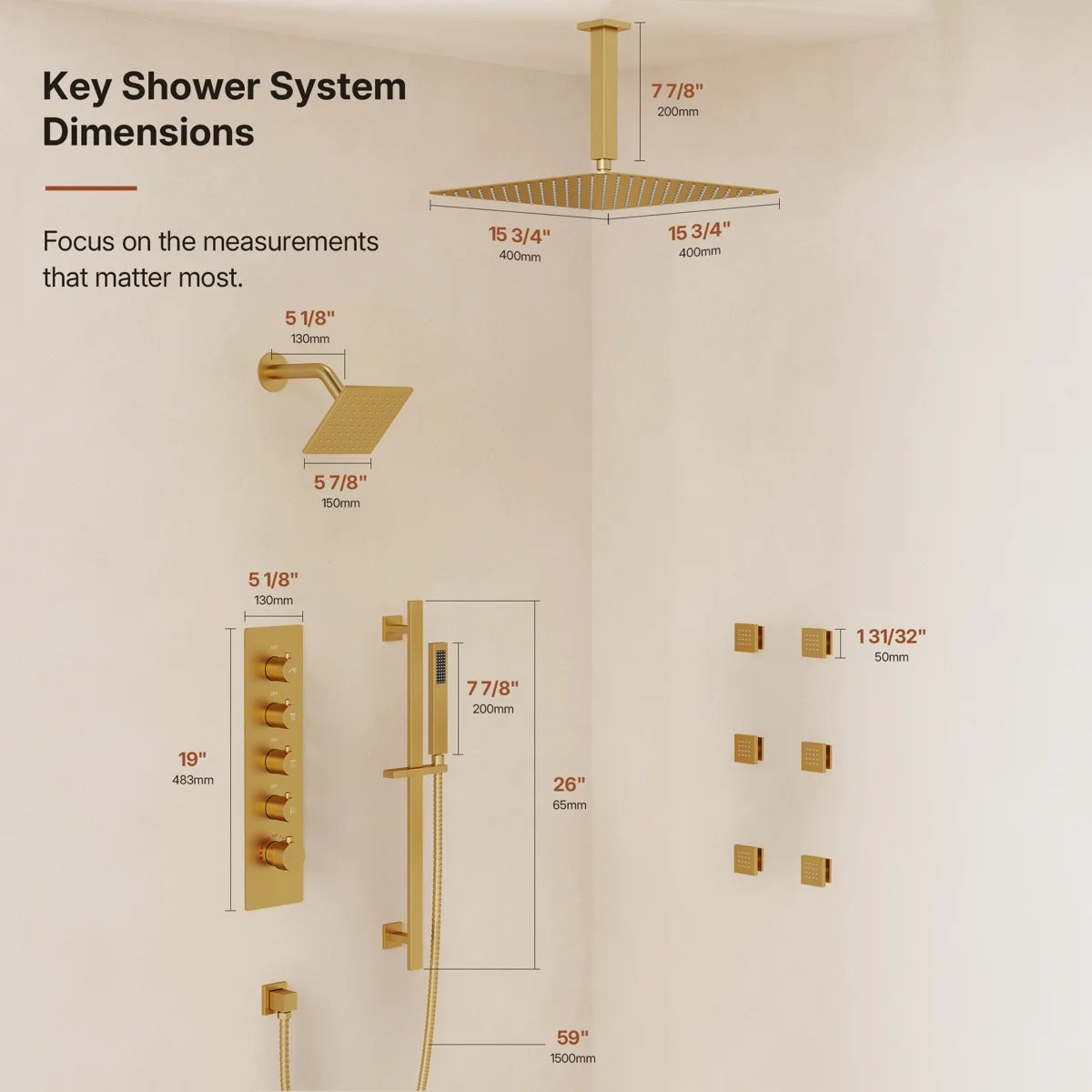 Ceiling Mount 16" High-Pressure Rainfall Shower Faucet, Dual Rainfall Shower Head System with Thermostatic Valve LP6657-LY - Brushed Gold