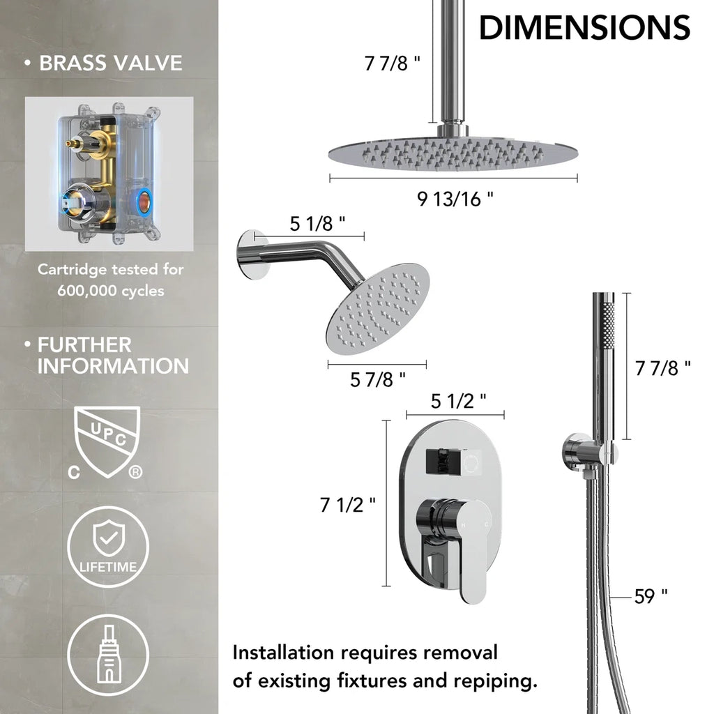Ceiling Mount High-Pressure Rainfall Shower Faucet, Dual Showerheads System with Rough-in Valve, Handheld Shower LP03101-LY - Chrome