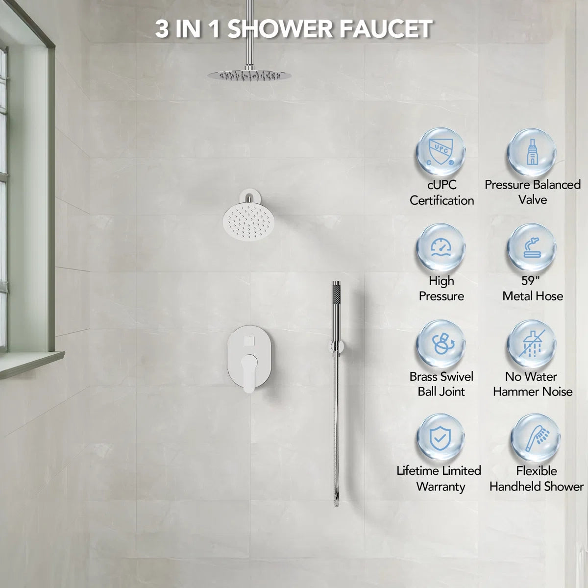 Ceiling Mount High-Pressure Rainfall Shower Faucet, Dual Showerheads System with Rough-in Valve, Handheld Shower LP03101-LY - Chrome