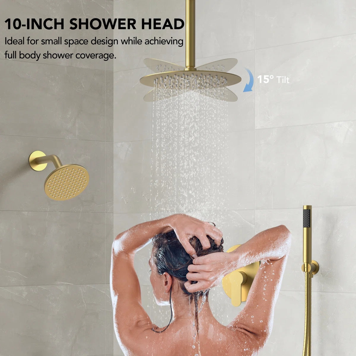 Ceiling Mount High-Pressure Rainfall Shower Faucet, Dual Showerheads System with Rough-in Valve, Handheld Shower LP07712-LY - Brushed Gold