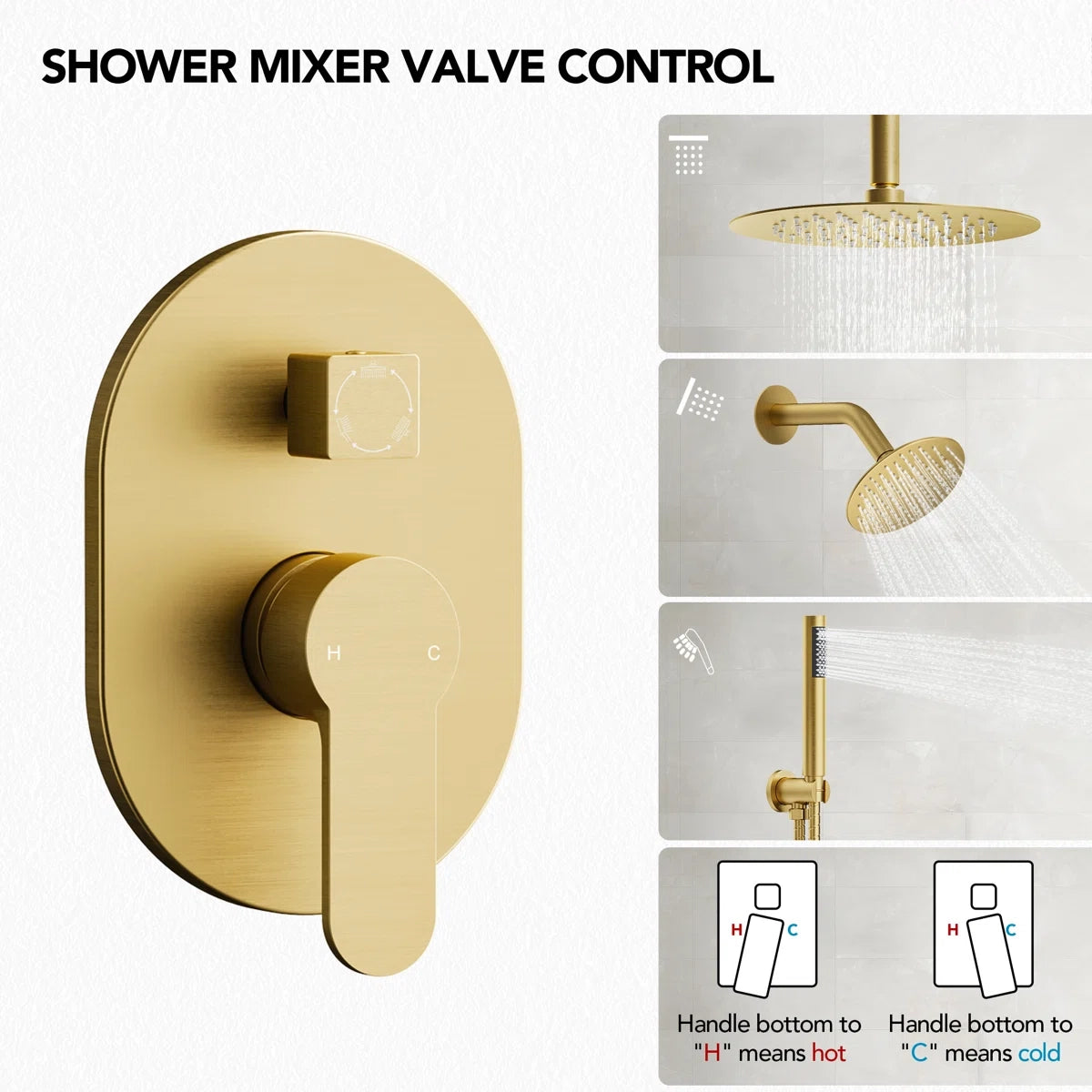 Ceiling Mount High-Pressure Rainfall Shower Faucet, Dual Showerheads System with Rough-in Valve, Handheld Shower LP07712-LY - Brushed Gold
