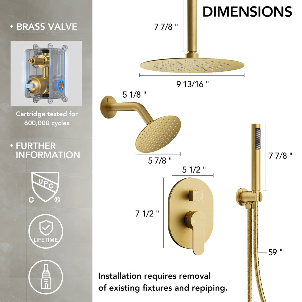 Ceiling Mount High-Pressure Rainfall Shower Faucet, Dual Showerheads System with Rough-in Valve, Handheld Shower LP07712-LY - Brushed Gold