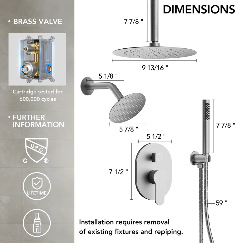Ceiling Mount High-Pressure Rainfall Shower Faucet, Dual Showerheads System with Rough-in Valve, Handheld Shower LP06610-LY- Brushed Nickel