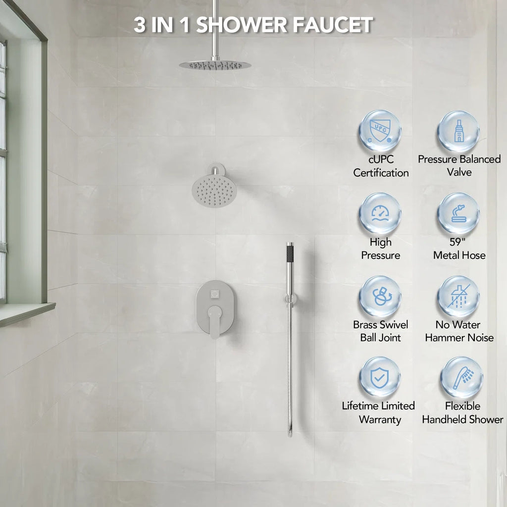 Ceiling Mount High-Pressure Rainfall Shower Faucet, Dual Showerheads System with Rough-in Valve, Handheld Shower LP06610-LY- Brushed Nickel