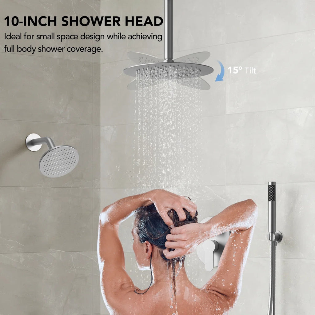 Ceiling Mount High-Pressure Rainfall Shower Faucet, Dual Showerheads System with Rough-in Valve, Handheld Shower LP06610-LY- Brushed Nickel