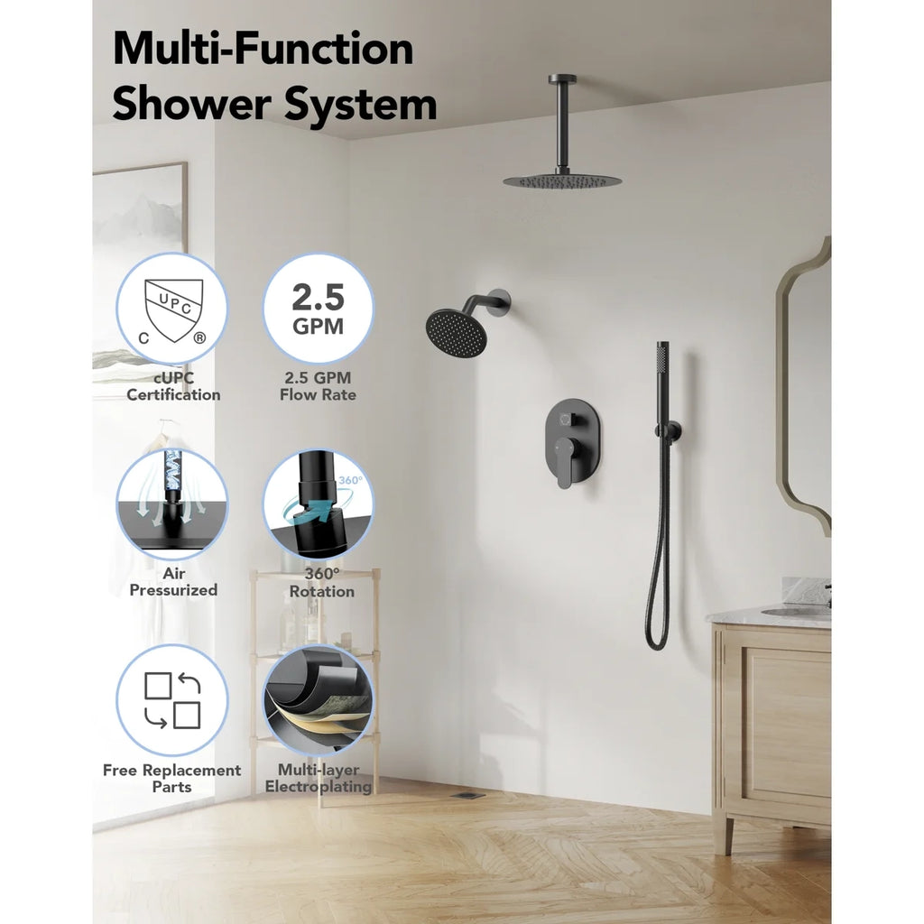 Ceiling Mount High-Pressure Rainfall Shower Faucet, Dual Showerheads System with Rough-in Valve, Handheld Shower LP004-LY - Matte Black