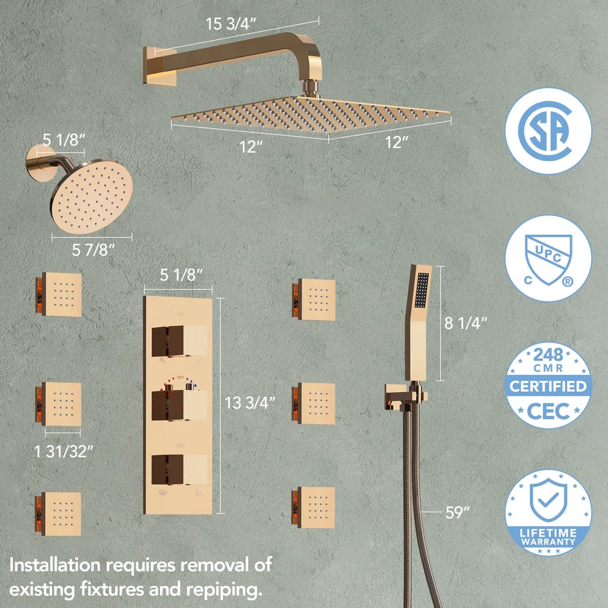 DualJetSpa 12" Wall-Mounted Thermostatic Shower System with Dual Showerheads, Handheld Shower and 6 Body Jets LP01232-LY - Rose Gold