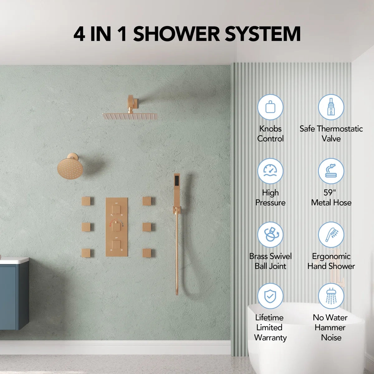 DualJetSpa 12" Wall-Mounted Thermostatic Shower System with Dual Showerheads, Handheld Shower and 6 Body Jets LP01232-LY - Rose Gold