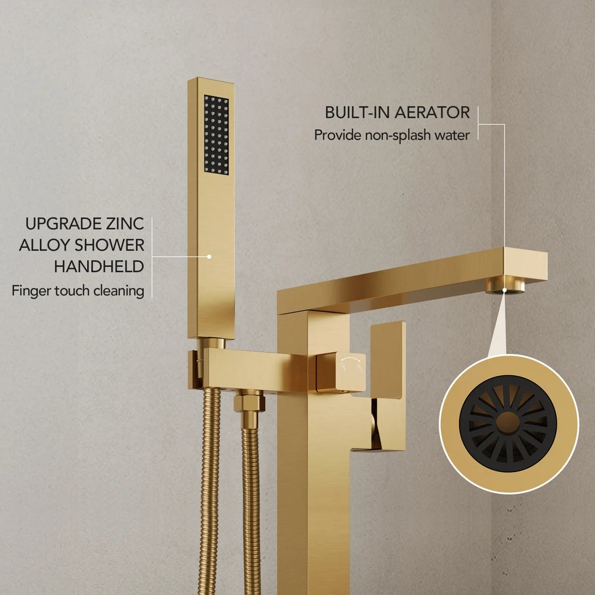 Freestanding Floor Mount Tub Filler Bathtub Faucet with Hand Shower LP1092-YG - Brushed Gold