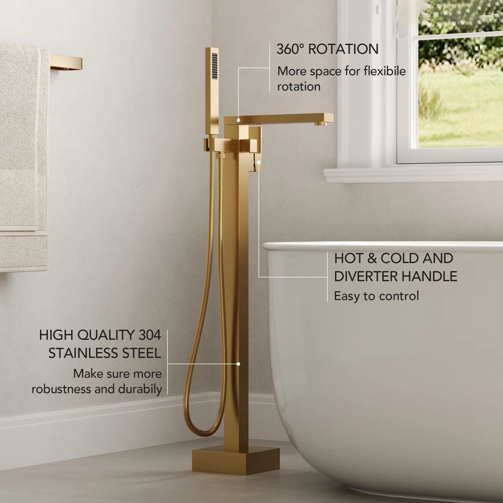 Freestanding Floor Mount Tub Filler Bathtub Faucet with Hand Shower LP1092-YG - Brushed Gold
