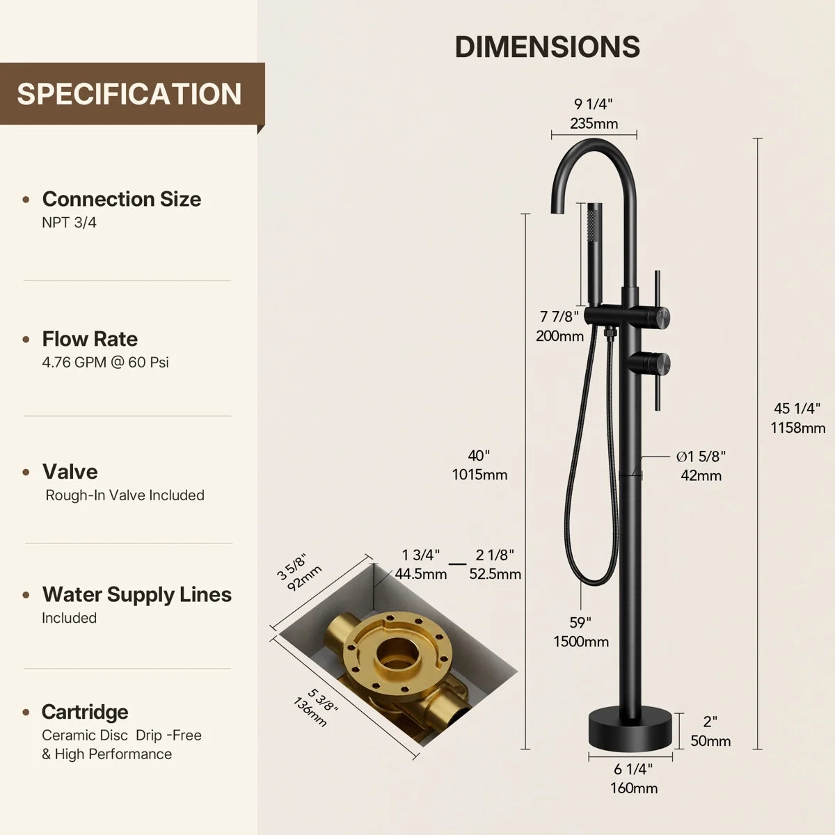 Freestanding Floor Mount Tub Filler Faucet with Handheld Shower LP301-YG - Matte Black