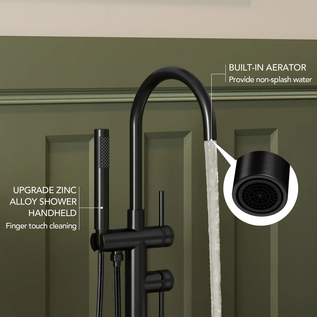 Freestanding Floor Mount Tub Filler Faucet with Handheld Shower LP301-YG - Matte Black