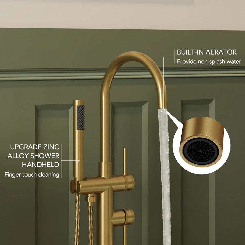 Freestanding Floor Mount Tub Filler Faucet with Handheld Shower LP1091-YG - Brushed Gold