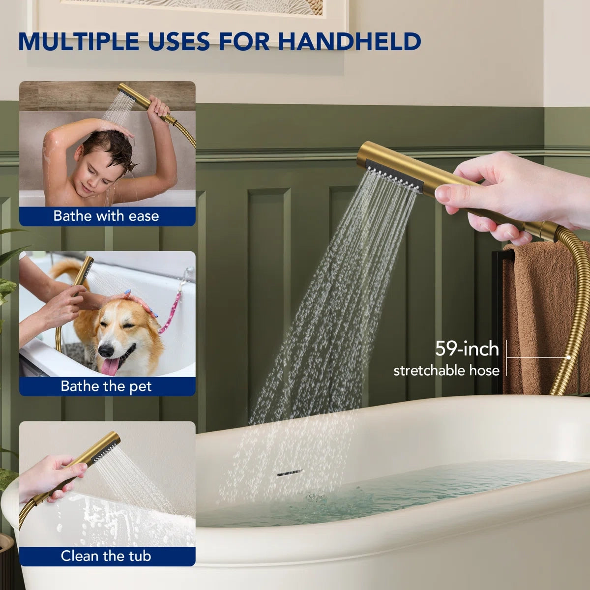 Freestanding Floor Mount Tub Filler Faucet with Handheld Shower LP1091-YG - Brushed Gold