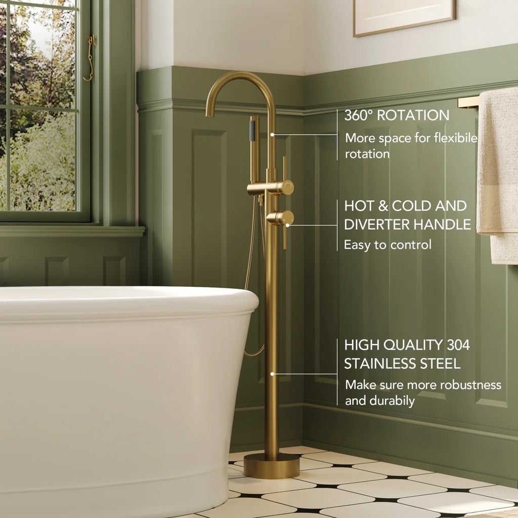 Freestanding Floor Mount Tub Filler Faucet with Handheld Shower LP1091-YG - Brushed Gold