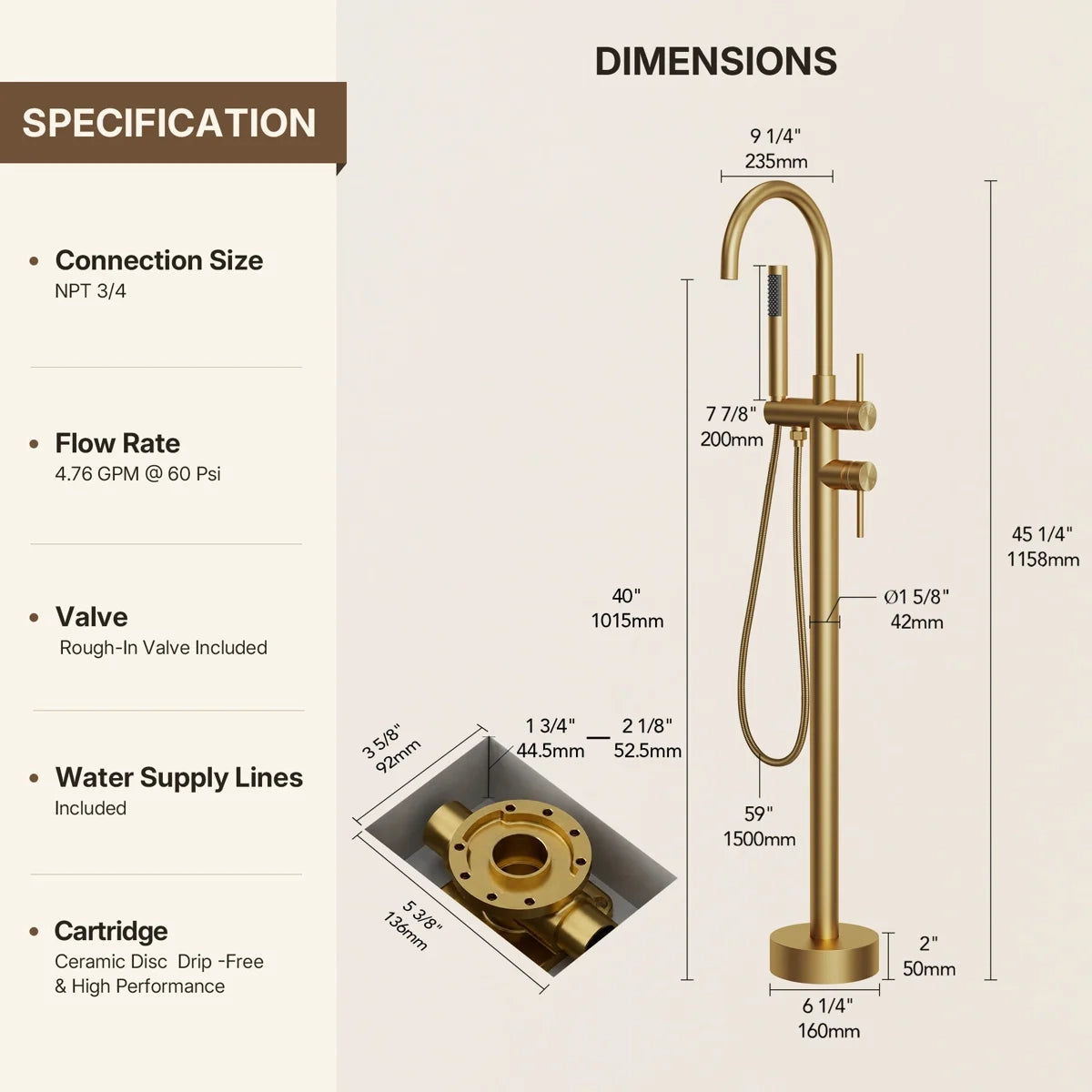 Freestanding Floor Mount Tub Filler Faucet with Handheld Shower LP1091-YG - Brushed Gold