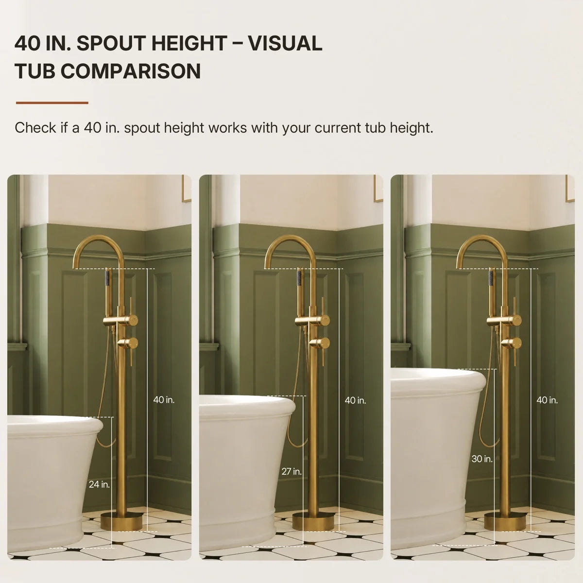 Freestanding Floor Mount Tub Filler Faucet with Handheld Shower LP1091-YG - Brushed Gold
