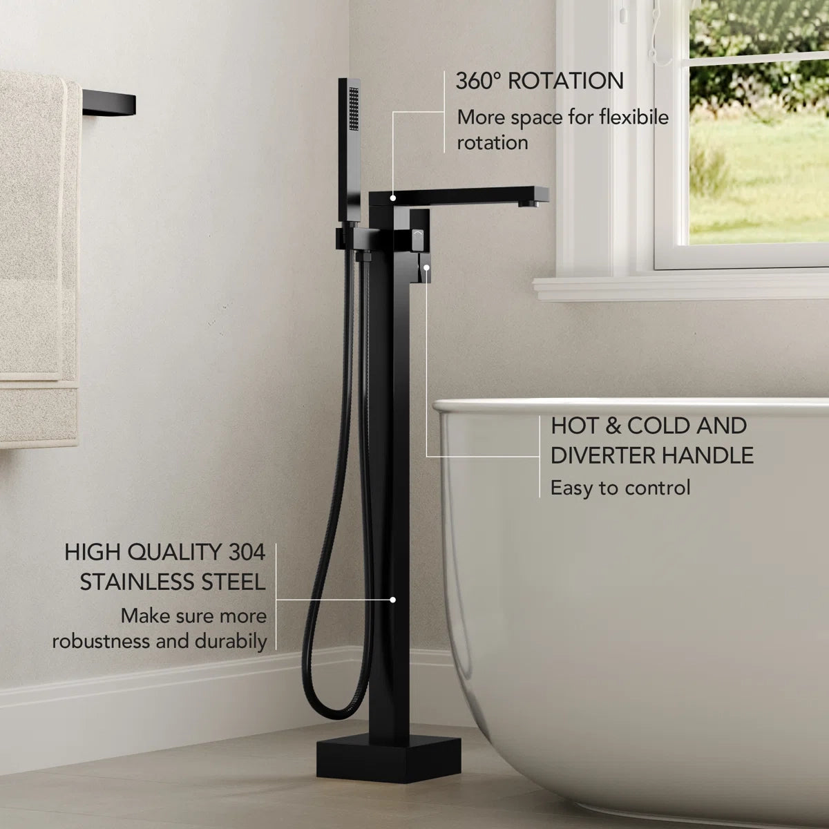 Freestanding Tub Filler Floor Mount Bathtub Faucet with Hand Shower SFS-1094-BK - Matte Black