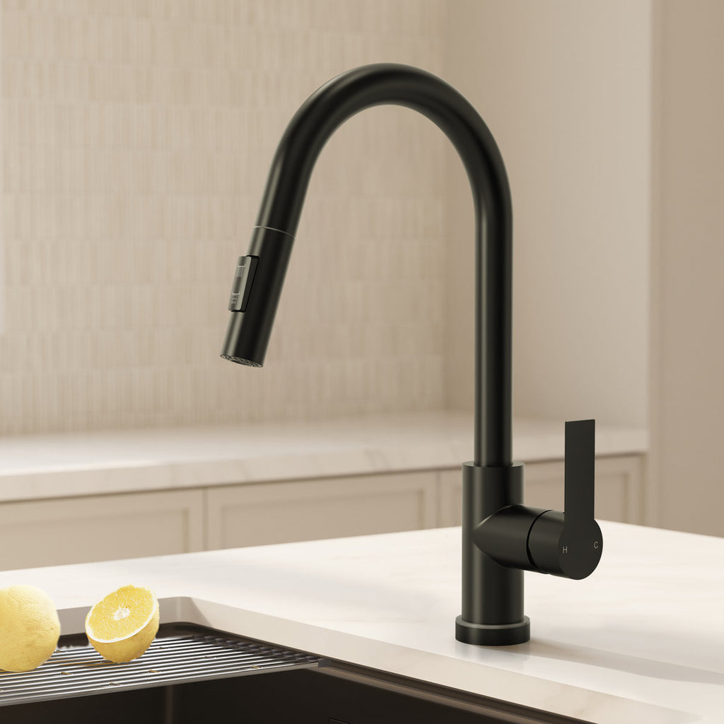 Pull Down Sprayer Kitchen Sink Faucet, Single Handle Kitchen Faucet with LED Light Base SFS-1092-BK - Matte Black