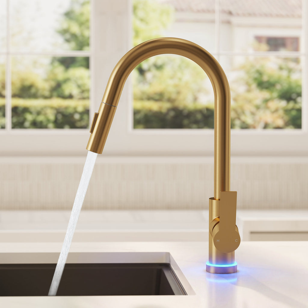 Pull Down Sprayer Kitchen Sink Faucet, Single Handle Kitchen Faucet with LED Light Base SFS-1092-GD - Brushed Gold