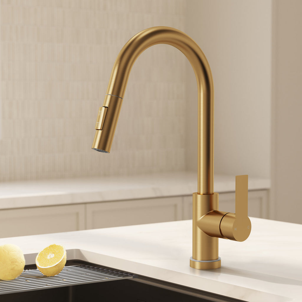 Pull Down Sprayer Kitchen Sink Faucet, Single Handle Kitchen Faucet with LED Light Base SFS-1092-GD - Brushed Gold