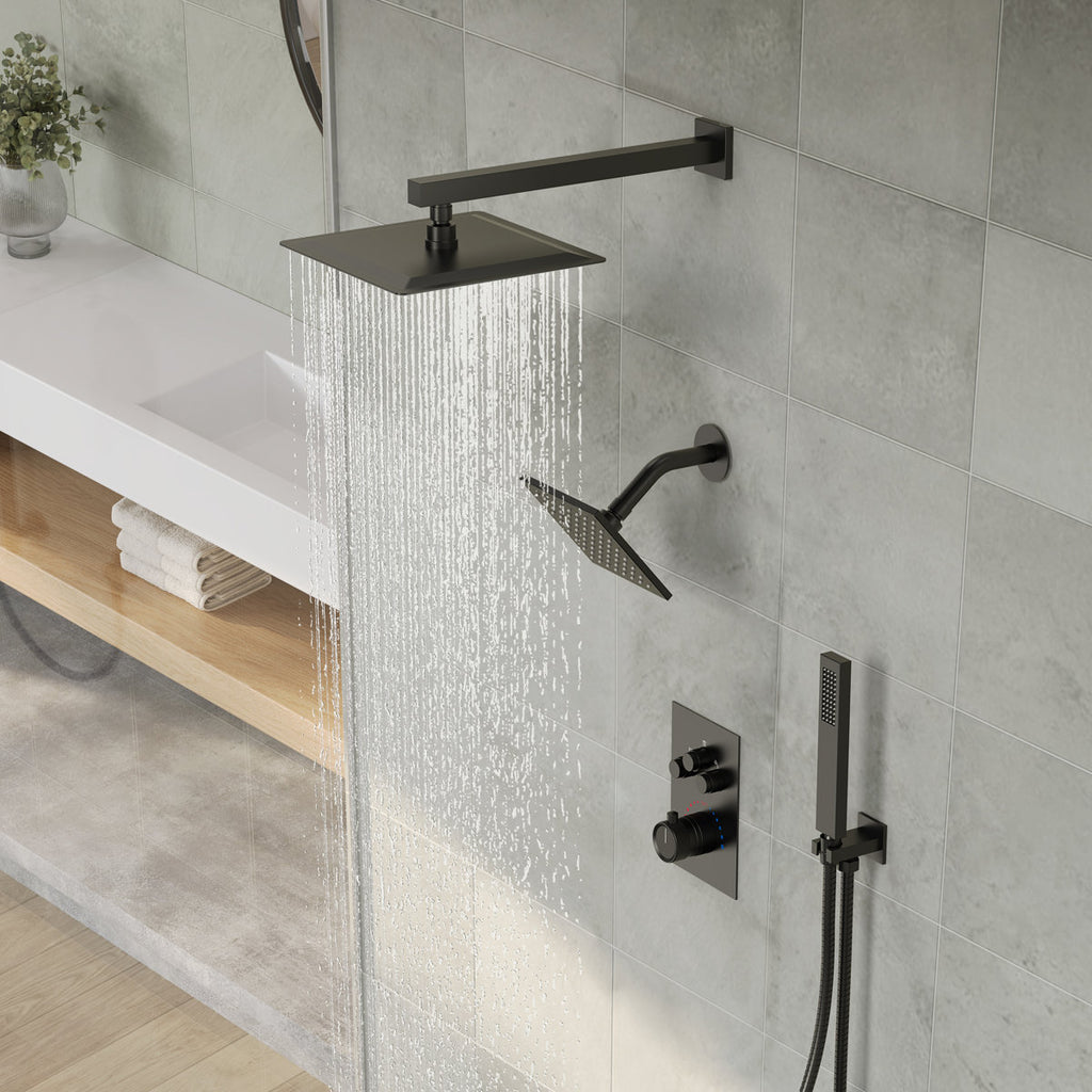 Wall Mount 12" High-Pressure Rainfall Shower Faucet, Dual Rainfall Shower Head System with Thermostatic Valve SFS-1003A-BK12 - Matte Black