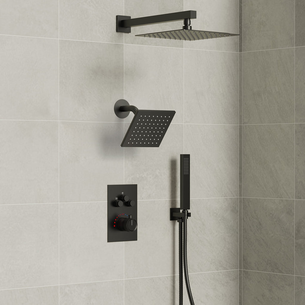 Wall Mount 12" High-Pressure Rainfall Shower Faucet, Dual Rainfall Shower Head System with Thermostatic Valve SFS-1003A-BK12 - Matte Black