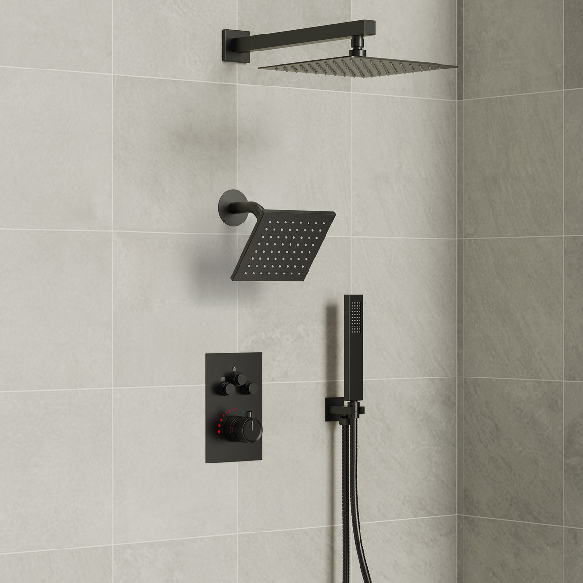 Wall Mount 12" High-Pressure Rainfall Shower Faucet, Dual Rainfall Shower Head System with Thermostatic Valve SFS-1003A-BK12 - Matte Black