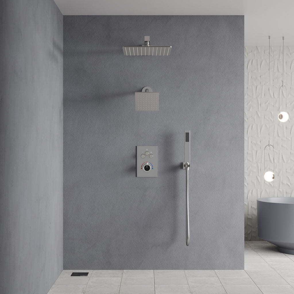 Wall Mount 12" High-Pressure Rainfall Shower Faucet, Dual Rainfall Shower Head System with Thermostatic Valve SFS-1003A-NK12 - Brushed Nickel
