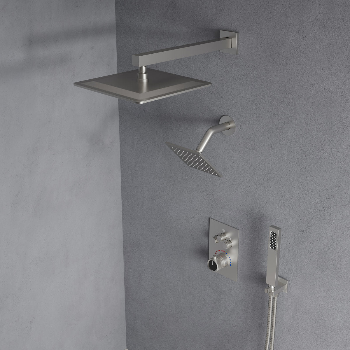 Wall Mount 12" High-Pressure Rainfall Shower Faucet, Dual Rainfall Shower Head System with Thermostatic Valve SFS-1003A-NK12 - Brushed Nickel