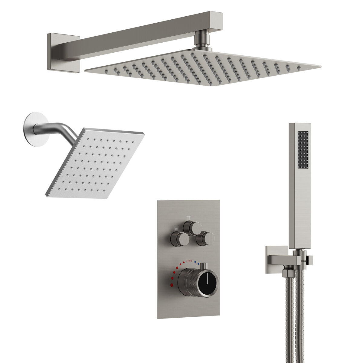 Wall Mount 12" High-Pressure Rainfall Shower Faucet, Dual Rainfall Shower Head System with Thermostatic Valve SFS-1003A-NK12 - Brushed Nickel