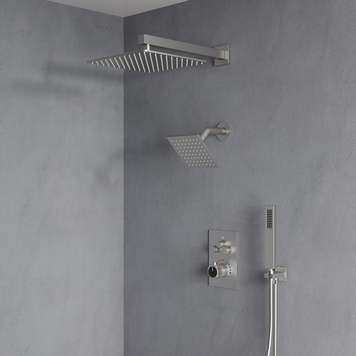 Wall Mount 12" High-Pressure Rainfall Shower Faucet, Dual Rainfall Shower Head System with Thermostatic Valve SFS-1003A-NK12 - Brushed Nickel