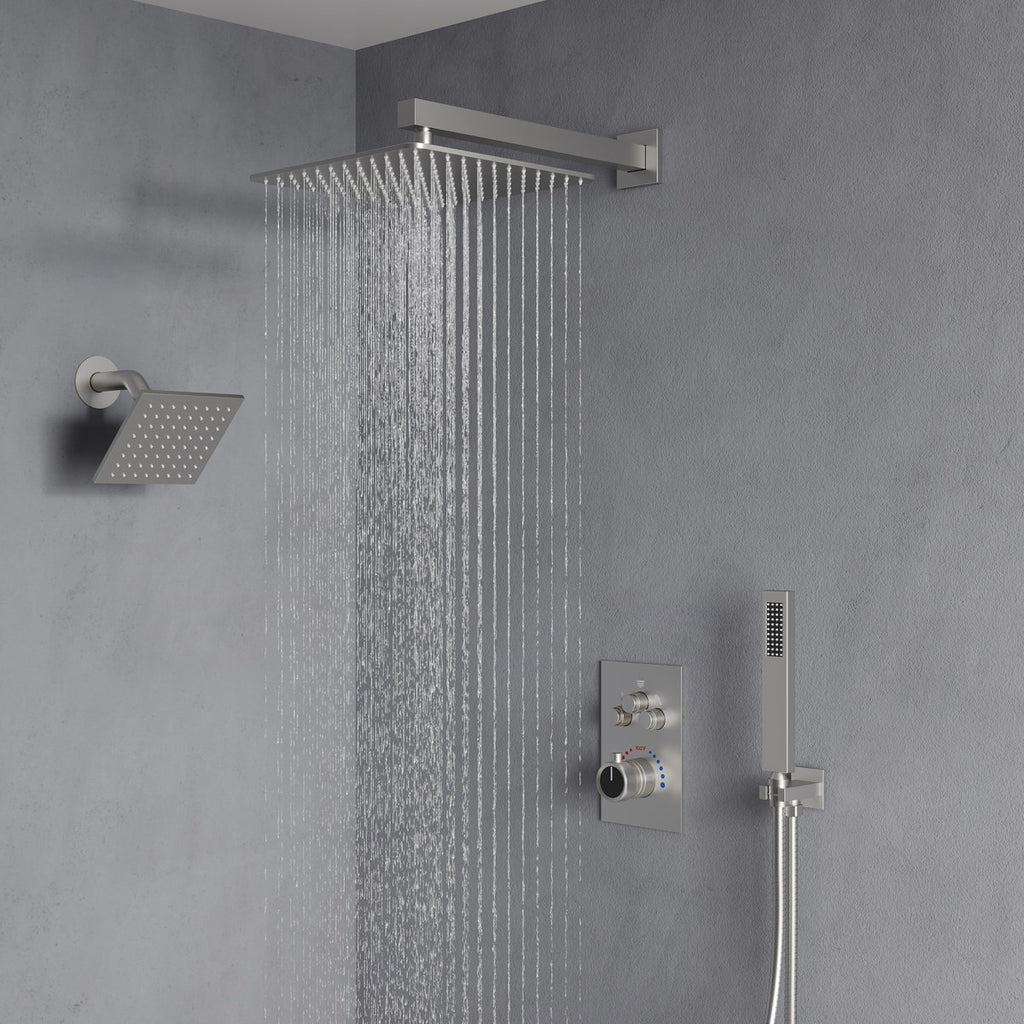 Wall Mount 12" High-Pressure Rainfall Shower Faucet, Dual Rainfall Shower Head System with Thermostatic Valve SFS-1003A-NK12 - Brushed Nickel