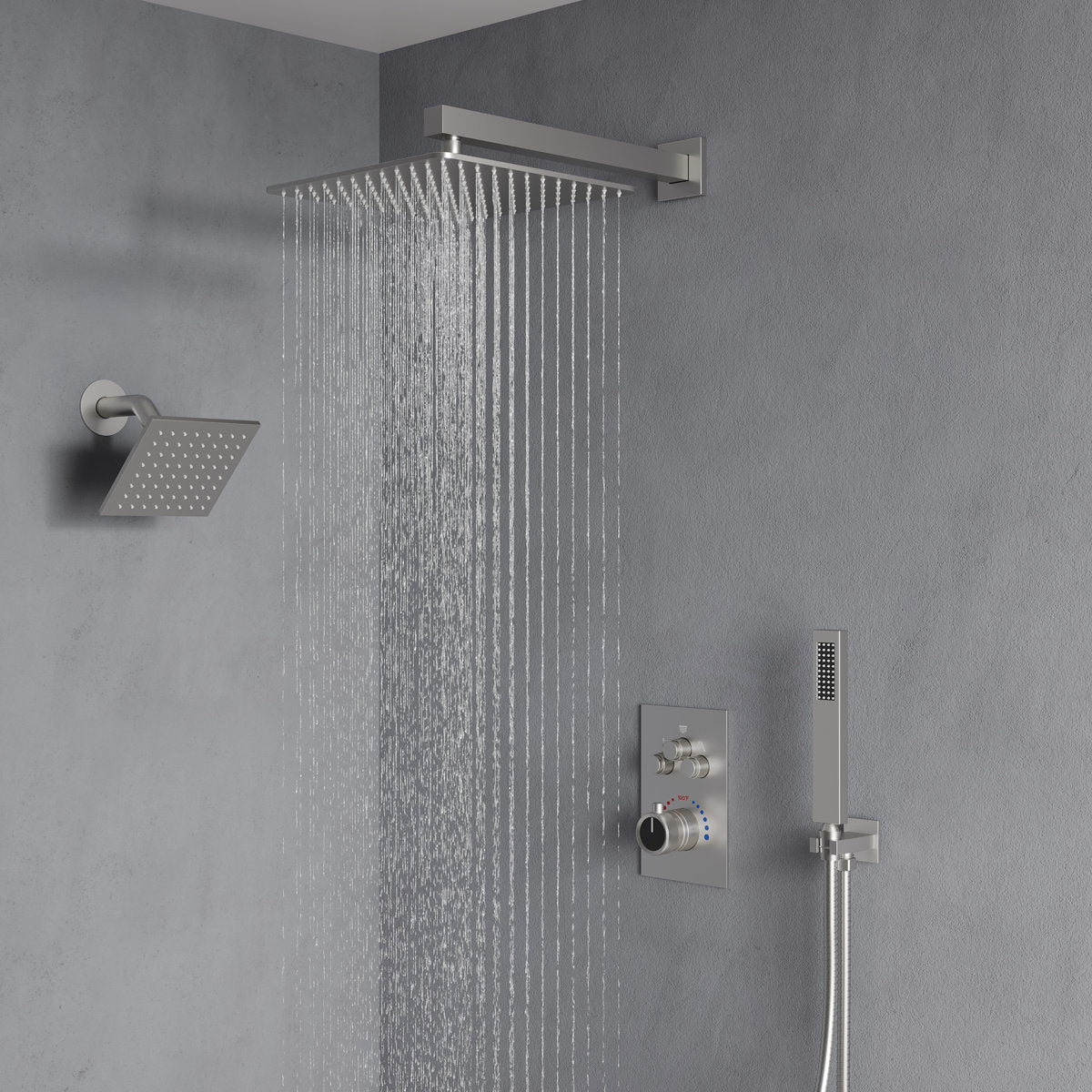 Wall Mount 12" High-Pressure Rainfall Shower Faucet, Dual Rainfall Shower Head System with Thermostatic Valve SFS-1003A-NK12 - Brushed Nickel