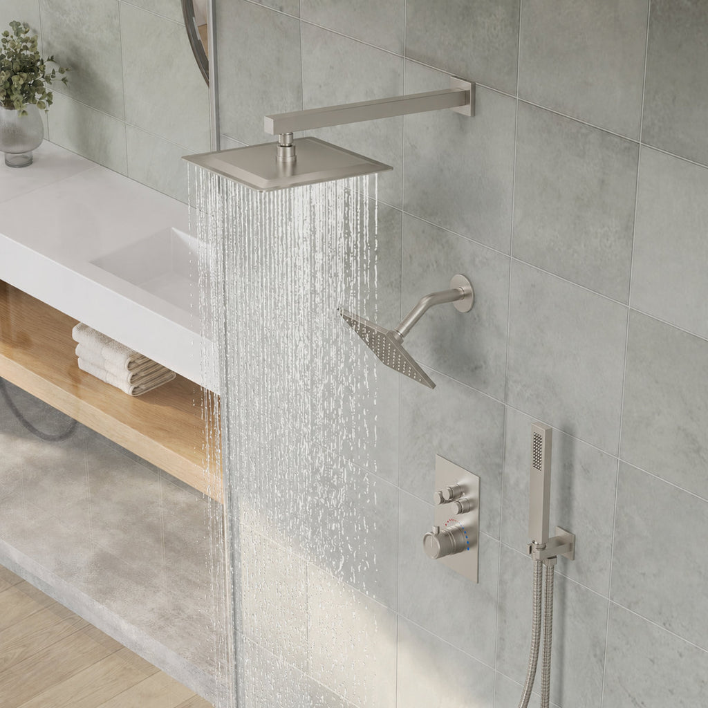 Wall Mount 12" High-Pressure Rainfall Shower Faucet, Dual Rainfall Shower Head System with Thermostatic Valve SFS-1003A-NK12 - Brushed Nickel