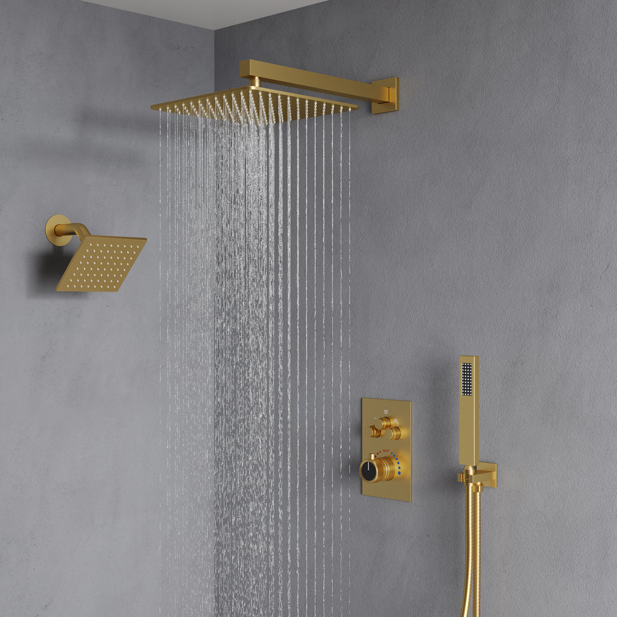 Wall Mount 12" High-Pressure Rainfall Shower Faucet, Dual Rainfall Shower Head System with Thermostatic Valve SFS-1003A-GD12 - Brushed Gold