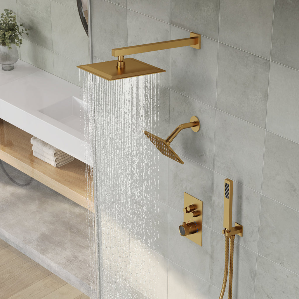 Wall Mount 12" High-Pressure Rainfall Shower Faucet, Dual Rainfall Shower Head System with Thermostatic Valve SFS-1003A-GD12 - Brushed Gold
