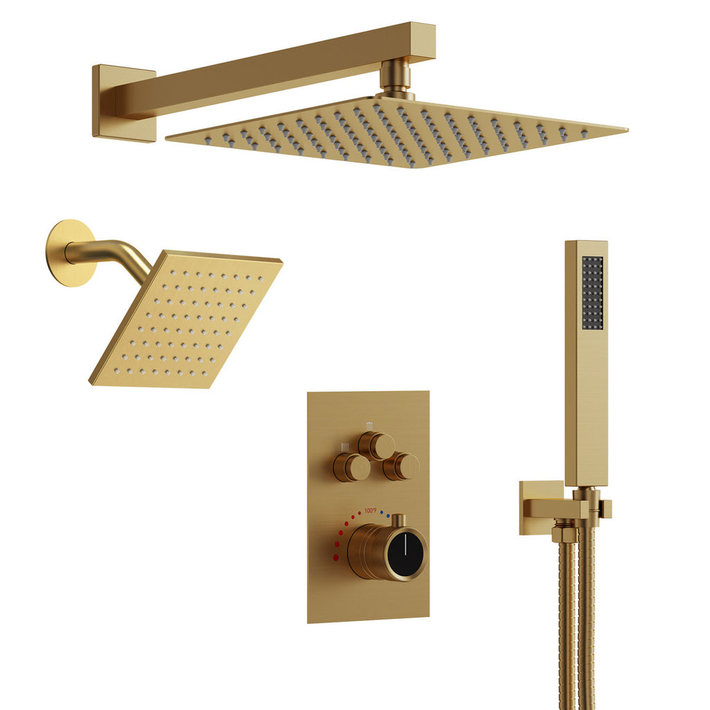 Wall Mount 12" High-Pressure Rainfall Shower Faucet, Dual Rainfall Shower Head System with Thermostatic Valve SFS-1003A-GD12 - Brushed Gold
