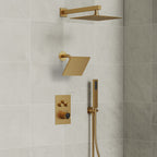 Wall Mount 12" High-Pressure Rainfall Shower Faucet, Dual Rainfall Shower Head System with Thermostatic Valve SFS-1003A-GD12 - Brushed Gold