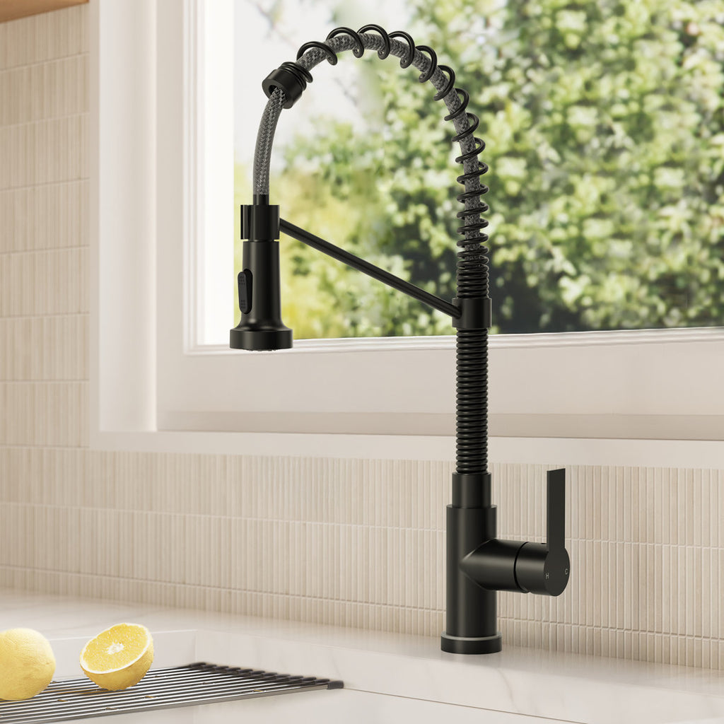 Contemporary Commercial-Style 2-Function Single-Handle Pull-Down Kitchen Faucet with LED Base SFS-1091-BK - Matte Black