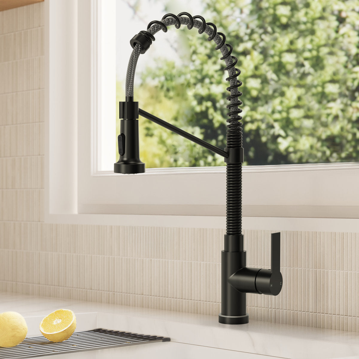 Contemporary Commercial-Style 2-Function Single-Handle Pull-Down Kitchen Faucet with LED Base SFS-1091-BK - Matte Black
